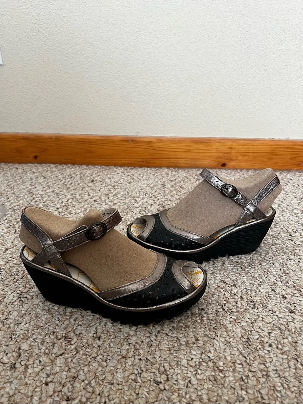 Fly London Black and Metallic Bronze Wedge Sandals 38